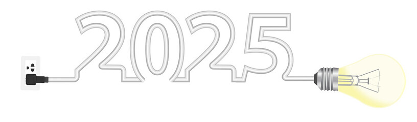 2025 new year line design with creative light bulb idea, Inspiration business plan, marketing strategy, teamwork, brainstorm ideas concept