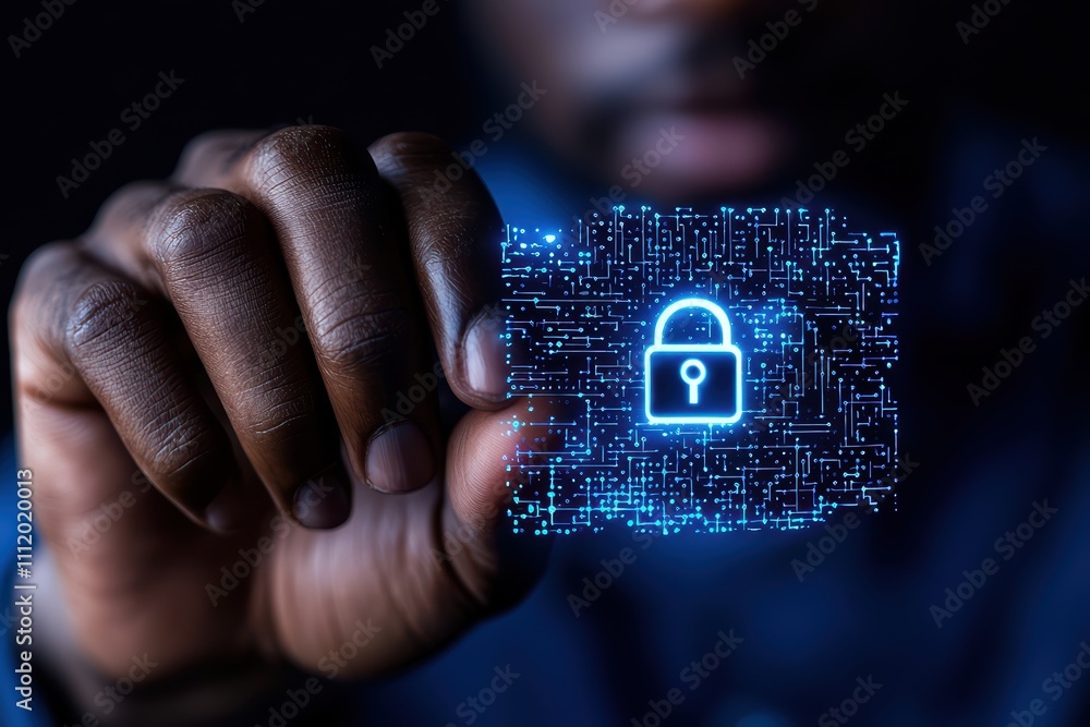 Poster a person holds a digital card displaying a glowing padlock symbol, representing security and data pr