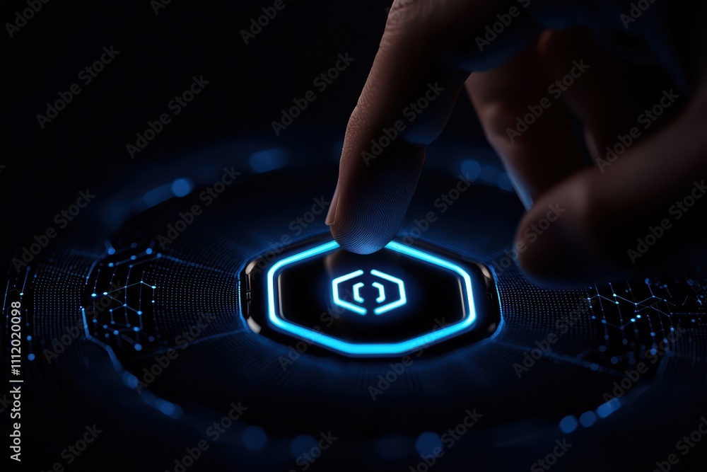 Poster a glowing, blue hexagonal button is being pressed by a finger in a dark, futuristic setting, suggest