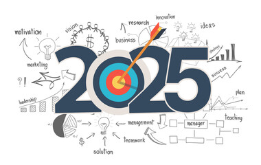 2025 new year target audience concept, Creative thinking drawing charts and graphs business success strategy plan idea on target dart with arrow