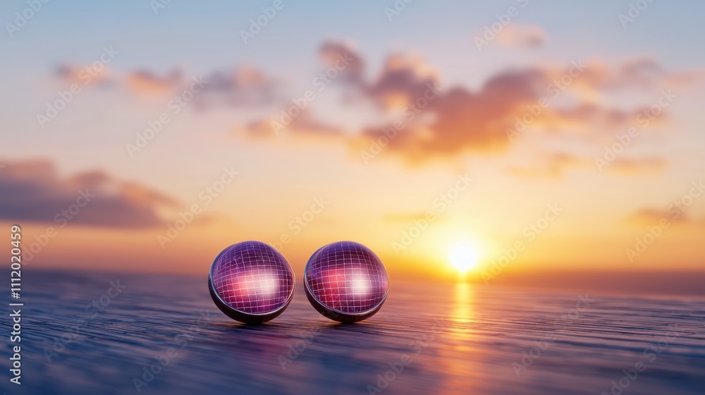 Poster two reflective spheres sit on a surface, capturing a vibrant sunset with clouds in the background, c