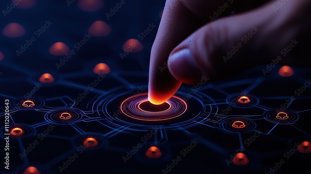 Poster a hand is interacting with a glowing, digital network interface, highlighting nodes and connections 