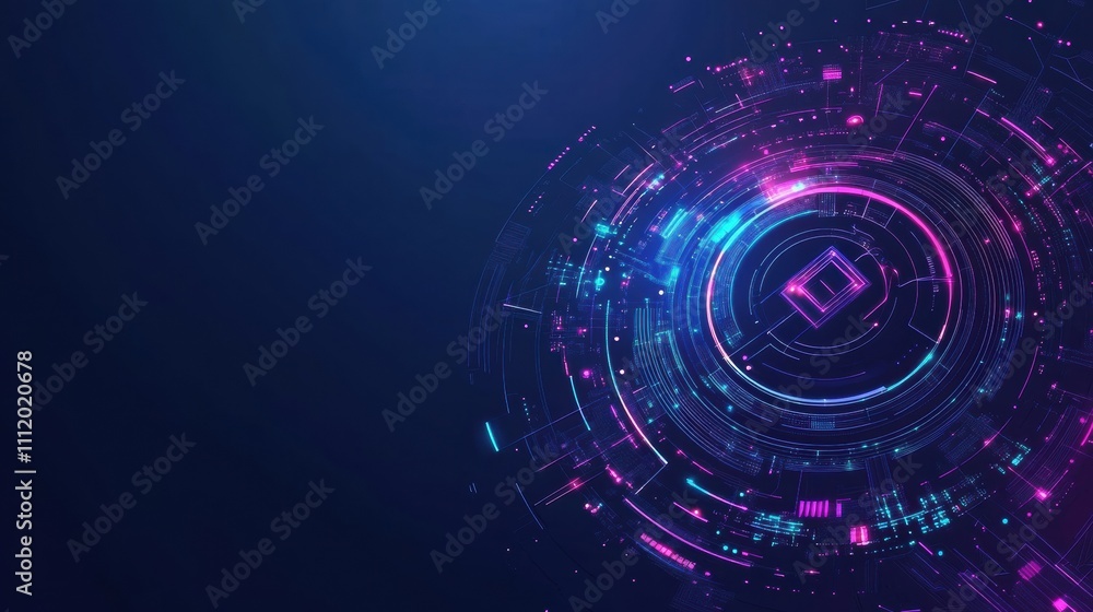 Poster Digital AI chip merges with abstract technology brain design, showcasing vibrant colors and intricate patterns against a dark blue backdrop. Generative AI