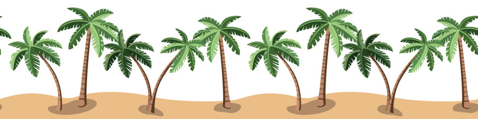 Tropical palms on the beach seamless border pattern. Vector seamless pattern. Graphic design for banner, web, print. © Alex_Zakharov