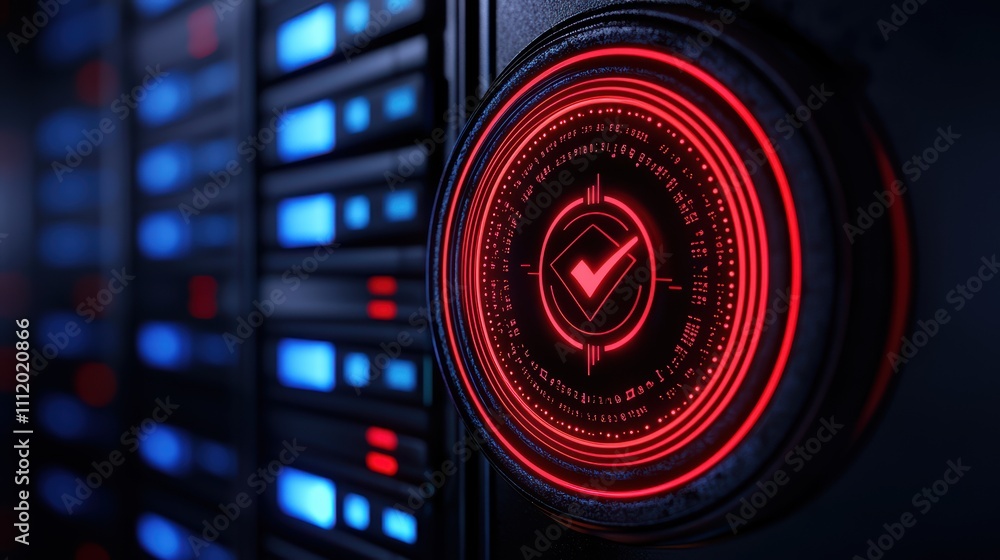 Poster a close-up of a server's illuminated control panel, featuring a glowing red checkmark icon against a