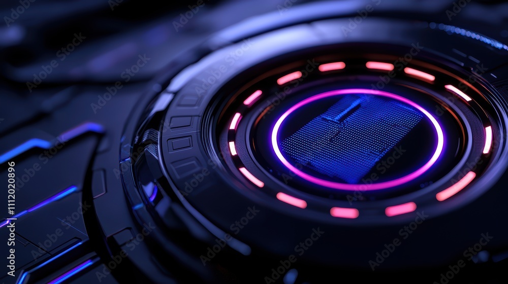 Poster a close-up view of a futuristic, illuminated circular device featuring vibrant colors and intricate 