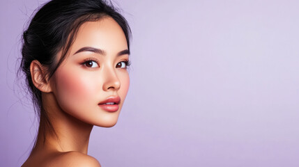 Fototapeta premium A beautiful young woman poses against a soft pastel background, showcasing elegant makeup and a confident expression, capturing timeless beauty