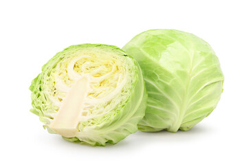 Fresh green cabbage with cut in half isolated on white background. Clipping path.