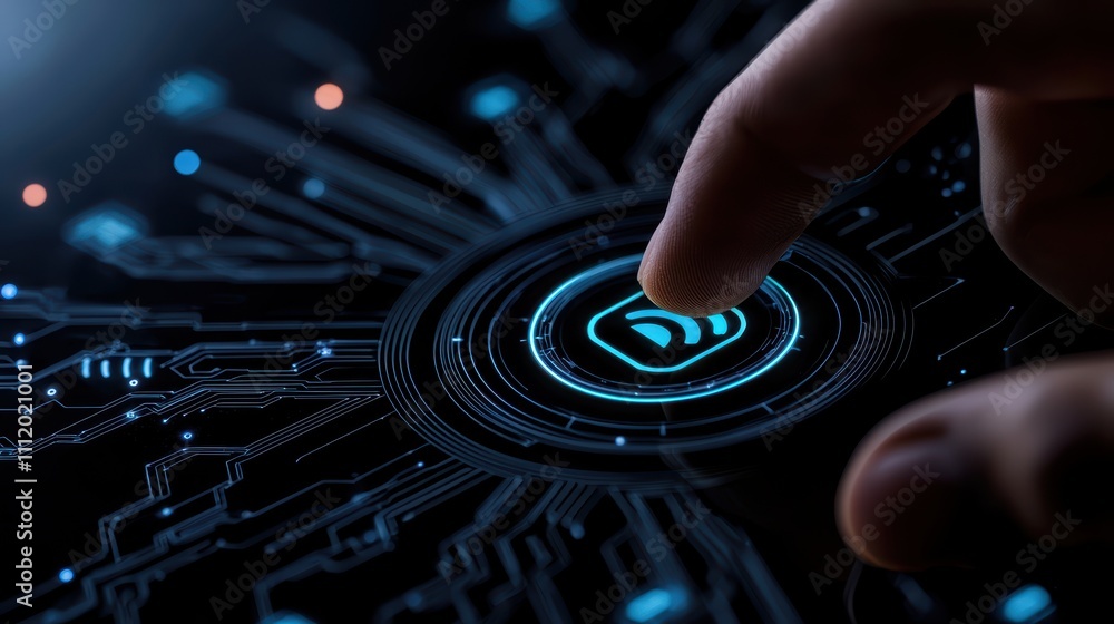 Poster a hand is poised to press a glowing digital button, surrounded by intricate circuit patterns, symbol