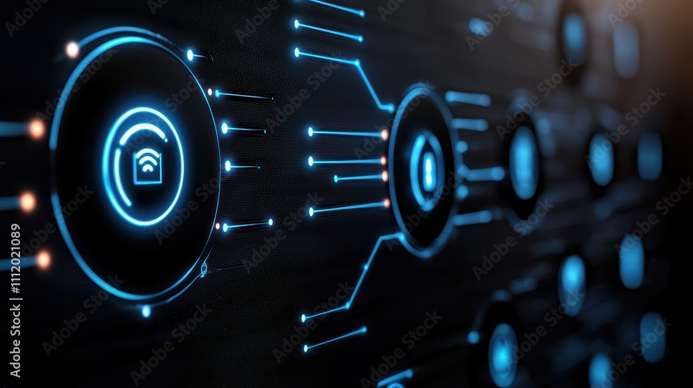 Poster a close-up of a digital interface featuring glowing blue circuit patterns and icons, suggesting them