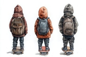 Fototapeta premium Three children on skateboards, wearing hoodies and backpacks, facing away.
