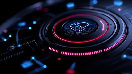 A futuristic interface featuring a circular lock icon illuminated with red and blue lights, emphasizing security and technology.