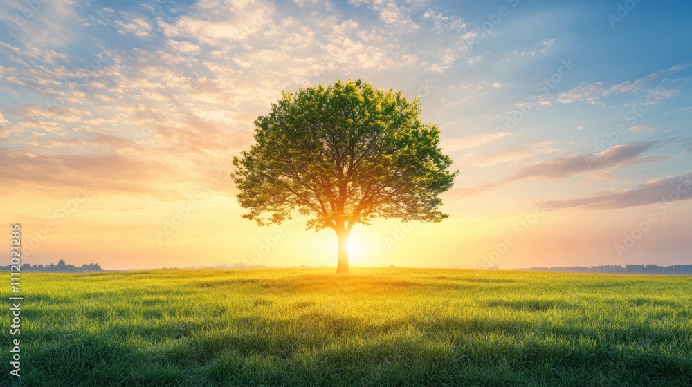 Aufkleber a solitary tree rises in a vast field, bathed in the warm glow of a sunset, with a colorful sky enha