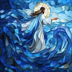 Artistic depiction of Jesus walking on water in vibrant stained glass style with dynamic blue waves