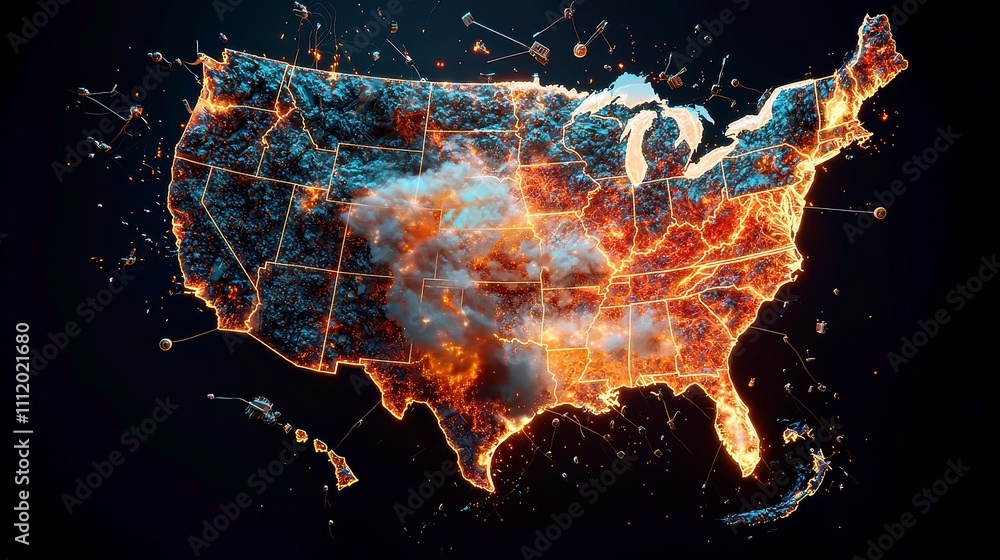Poster 3d map of u.s. communication network, detailed representation showcasing the interconnected infrastr
