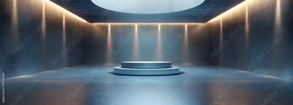 Poster a polished metallic podium surrounded by a vast empty room, illuminated by soft lighting to create a