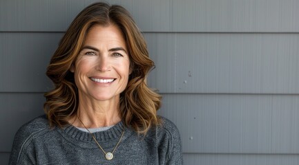 studio portrait of stylish middle age smiling 50 - 55 year old woman posing on grey background 