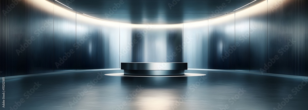 Poster a polished metallic podium surrounded by a vast empty room, illuminated by soft lighting to create a
