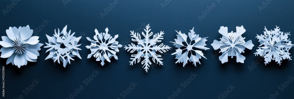 Poster beautifully crafted paper snowflakes are arranged in a row, offering an elegant blank canvas for fes