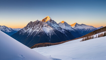 Obraz premium snow capped mountains glowing sunrise, with golden peaks contrasting blue sky. 