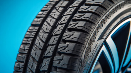 Detailed close-up of a car tire showcasing tread patterns and rubber texture against a blue background