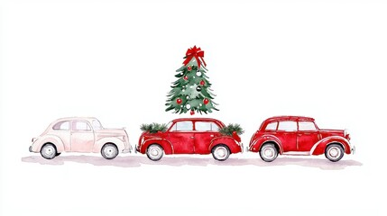 Whimsical Holiday Journey, A charming watercolor illustration featuring vintage cars, festive winter trees, and a wreath, capturing the joyful spirit of Christmas and New Year.