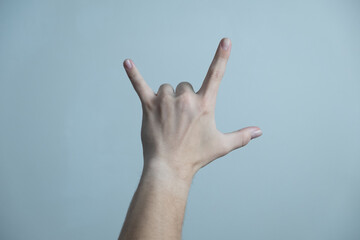 Male hand showing rock and roll sign or showing devil horns gesture on light background.