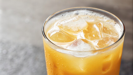 Refreshing Iced Orange Juice Glass on Rustic Surface   Beverage Concept