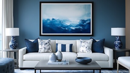 Modern blue and gray living room with framed.