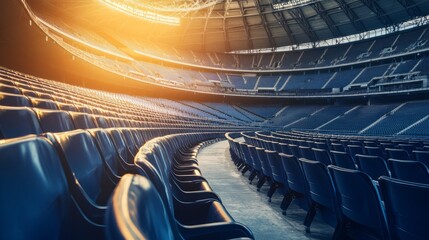 Fototapeta premium Under the blue sky, the empty stadium seats symbolize the broad prospect and infinite yearning for sports
