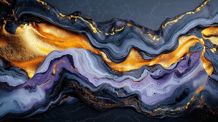 Opulent Abstract Marble Design, a contemporary digital artwork featuring a luxurious blend of gold, black, and purple hues, creating a striking 3D visual experience.