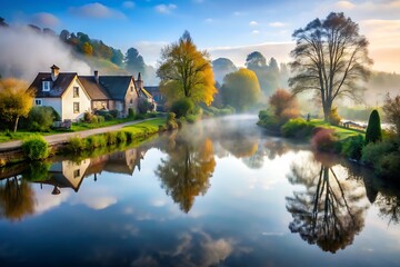 Fototapeta premium creative and unique background images captures the serene beauty of fog in nature, bustling cities, and tranquil villages