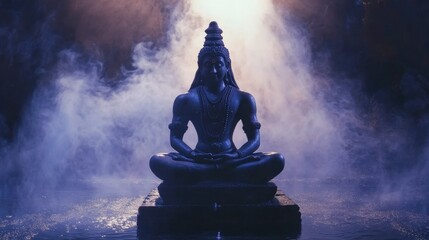 Serene Shiva statue in smoky, dimly lit setting, meditating in lotus pose.