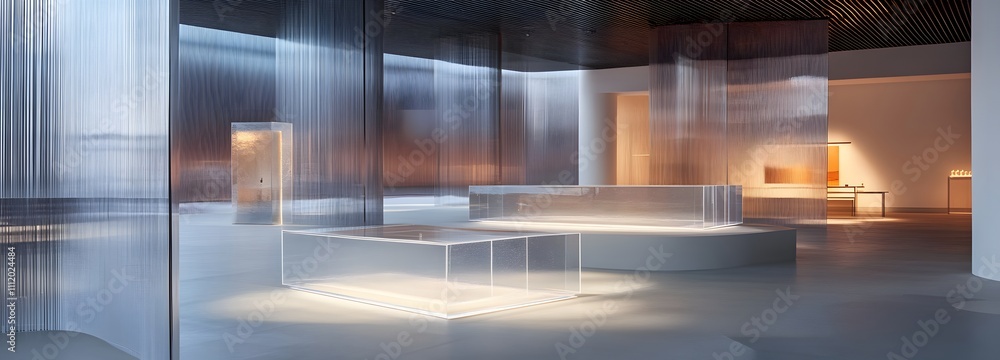 Poster a clear podium with a modern design in an open space, illuminated by ambient lighting that casts gen