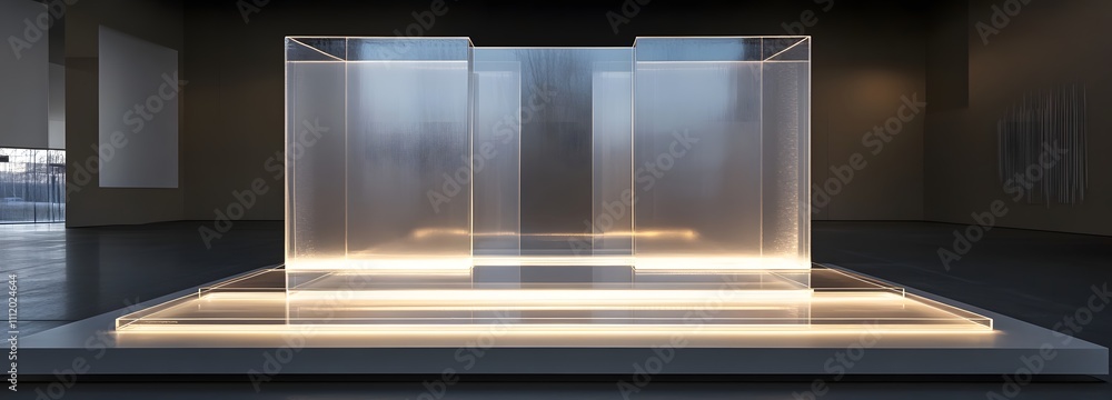 Poster a clear podium with a modern design in an open space, illuminated by ambient lighting that casts gen