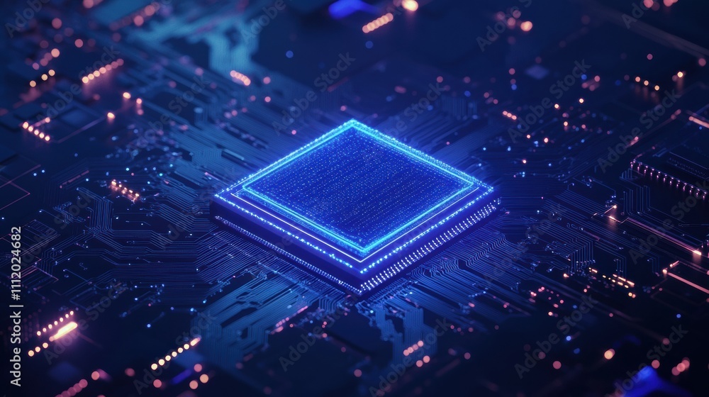 Poster a digital ai chip is integrated into an abstract representation of a technology brain, set against a