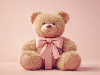 Obraz premium Cute Teddy Bear with Bow Tie Sitting on Pink Background