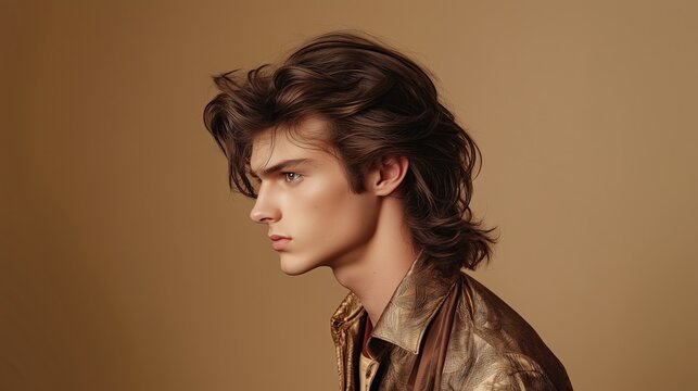 Curtain mullet hairstyle for man professional studio photography