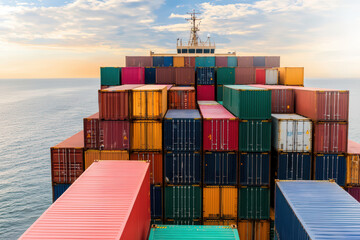Fototapeta premium Colorful cargo containers stacked on ship sailing over ocean. vibrant colors contrast beautifully against serene sea and sky, creating striking maritime scene