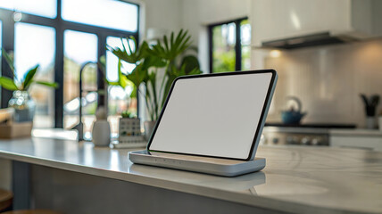 Fototapeta premium Modern tablet on kitchen counter with sunlit window and plants