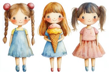 Three cute illustrated girls, one holding an ice cream cone, with playful hairstyles and outfits.