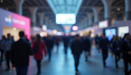 Background of an expo or convention with blurred individuals in an exposition hall Concept image for a international exhibition conference center corporate marketing or event fair Generative ai