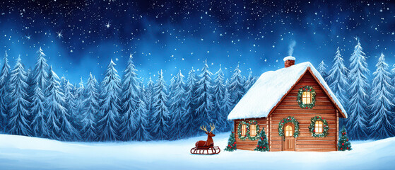 Naklejka premium cozy winter cabin surrounded by snow covered trees under starry sky, evoking sense of warmth and tranquility. Perfect for holiday themes and winter scenes
