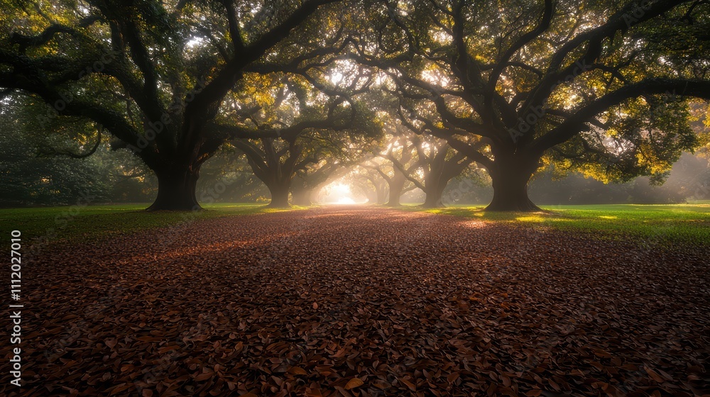 Aufkleber a serene path through a forest, illuminated by soft light filtering through lush trees and covered i
