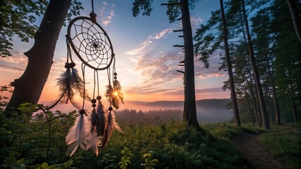  A dreamcatcher with a beautiful sunset (sunrise) forest trail landscape in the background. Generative AI.