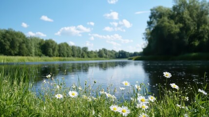 A serene river scene with lush greenery and wildflowers under a clear blue sky, capturing the beauty of nature.