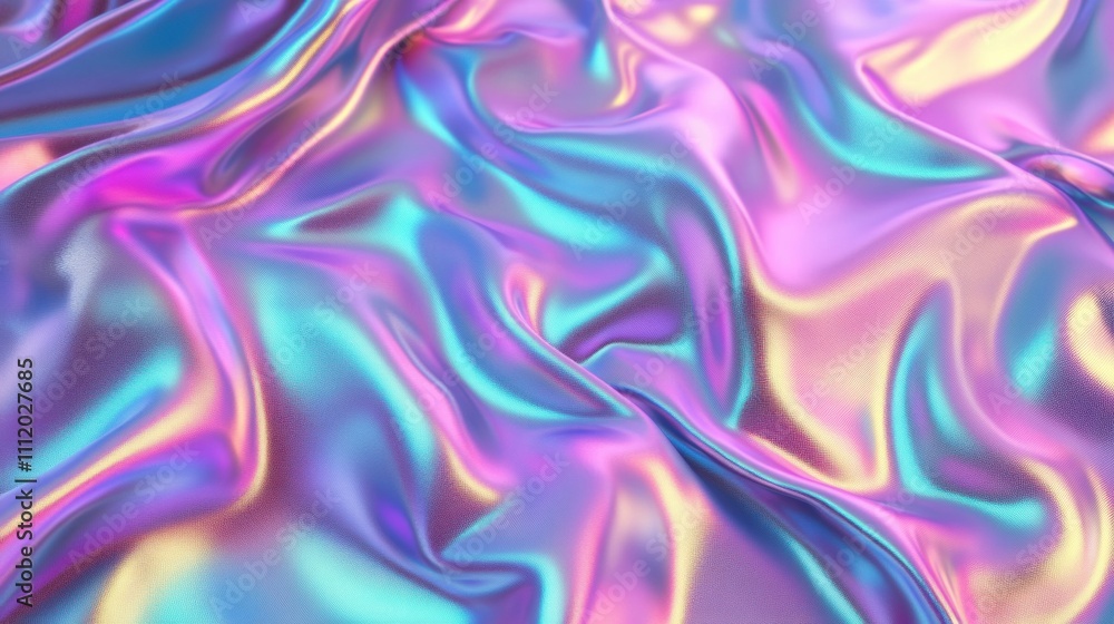 Poster colorful iridescent fabric with shimmering pastel hues creating a mesmerizing wave-like pattern.