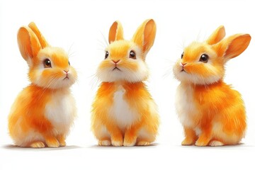 Three cute orange rabbits sitting together in a playful pose.