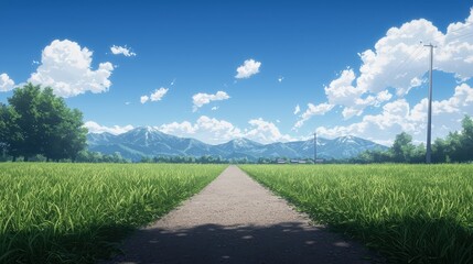 A serene pathway stretches through lush green fields, leading to majestic mountains under a clear blue sky dotted with fluffy clouds.