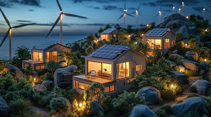 A group of houses on a hill with rooftop solar panels, wind turbines are surrounding them at night.